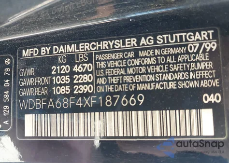 1999 Mercedes-Benz Sl 500 z USA, uszkodzony, nr VIN WDBFA68F4XF187669